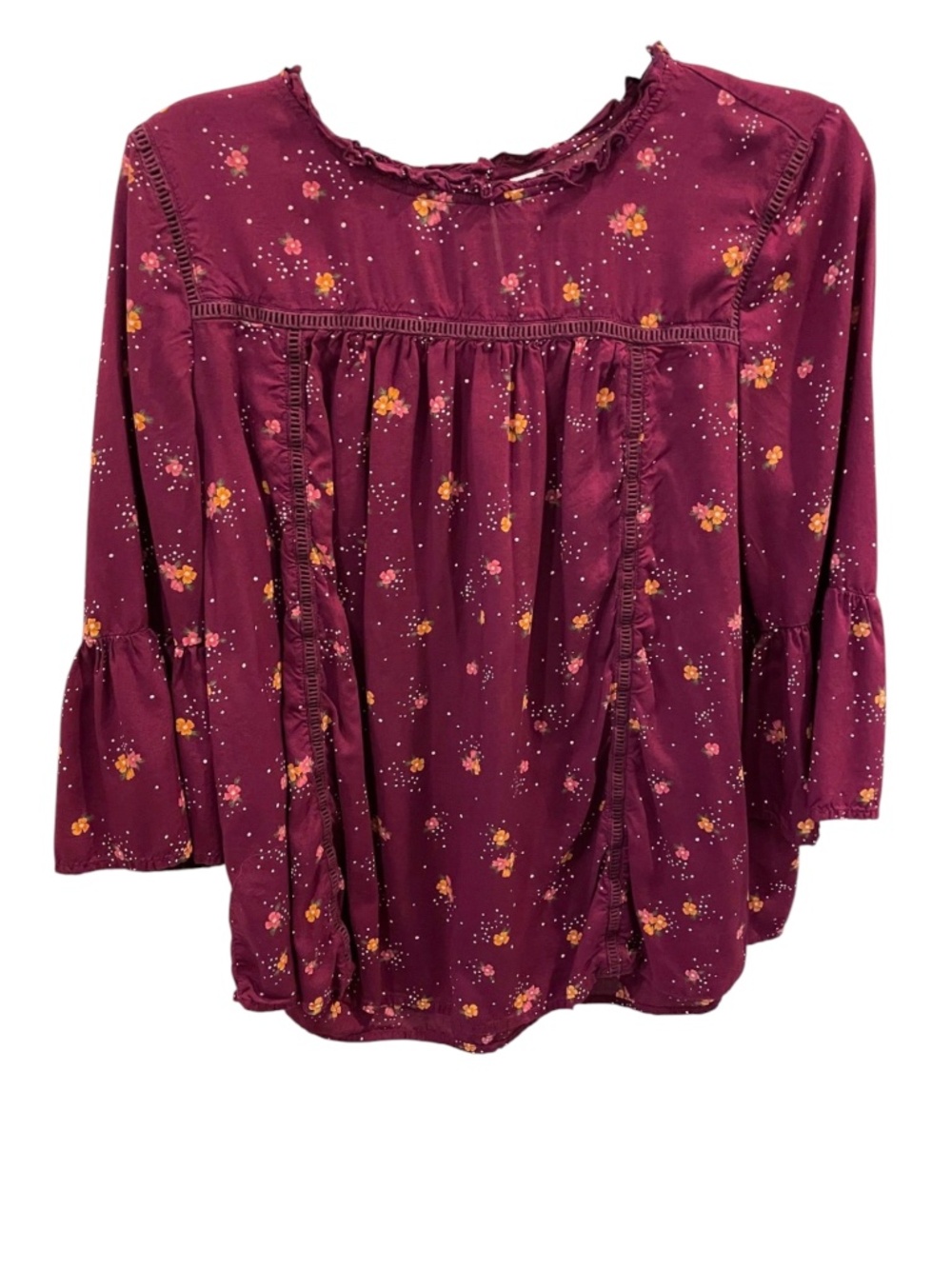 Old Navy Floral Boho Peasant Blouse Medium Maroon Bell Sleeve Cottagecore - Picture 3 of 7